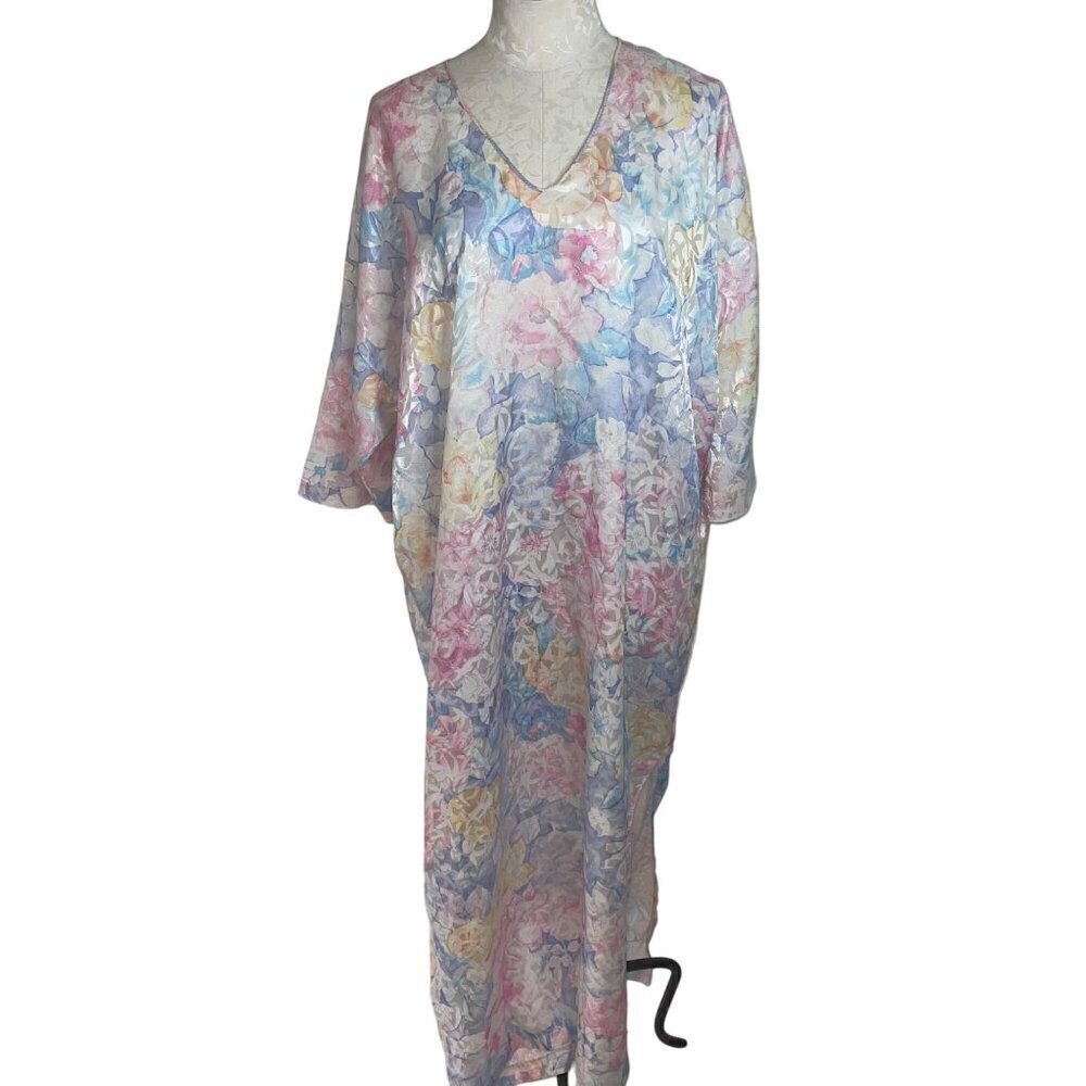 Mary McFadden Vintage Womens Nightgown Size XL Multicolor Floral Side Slit